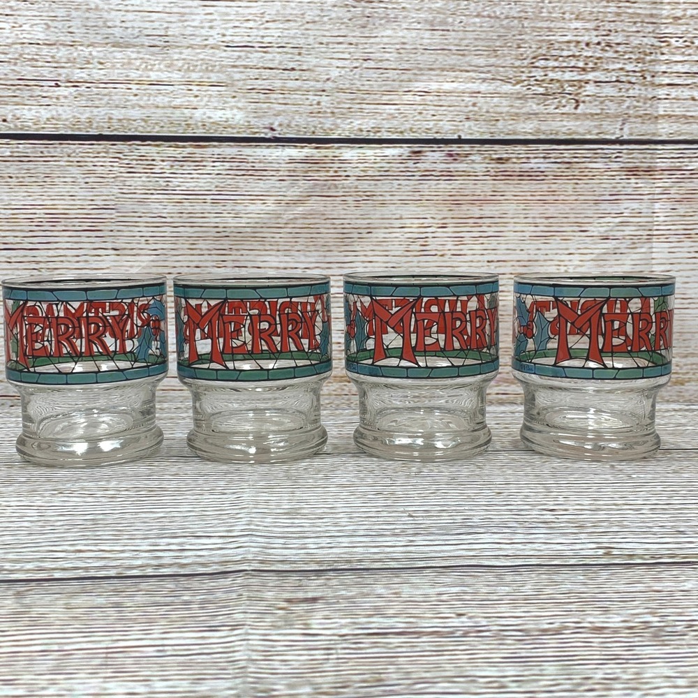 Merry Christmas Drink Glasses Set of 4 Stained Glass Style Holiday Barware - Picture 3 of 8